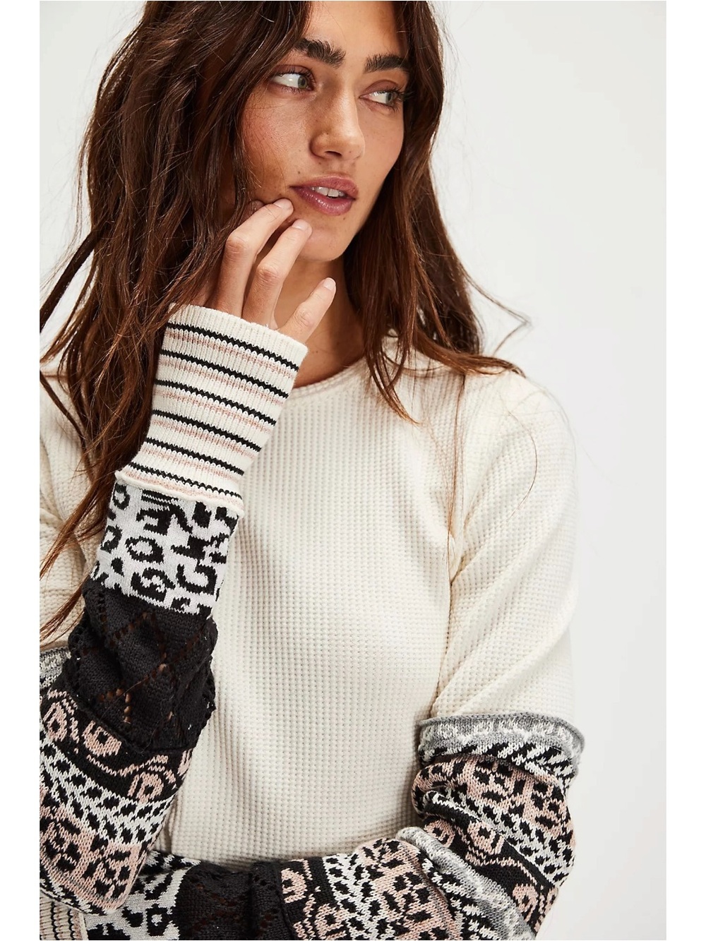 Free People All In Cuff Grunge 90s Thermal Sweater Crewneck Top Medium NWT Ivory